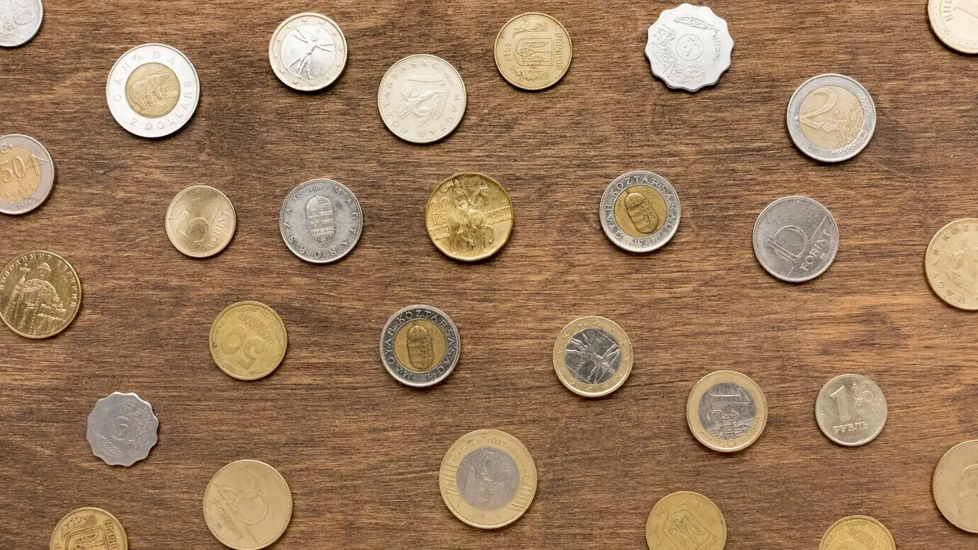 Top-down view of euro currency coins